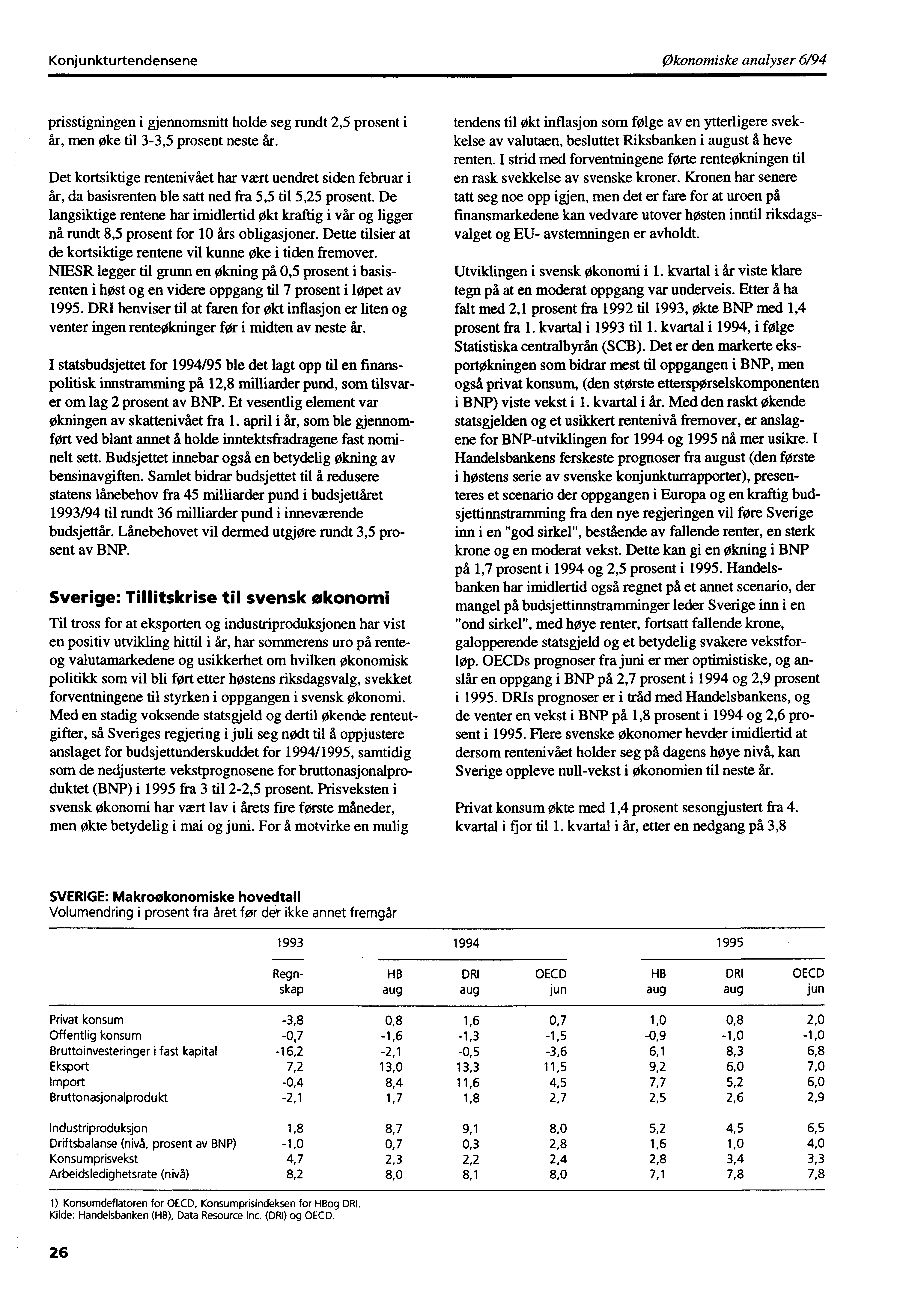 Konjunkturtendensene Økonomiske analyser 6/94 prisstigningen i gjennomsnitt holde seg rundt 2,5 prosent i år, men øke til 3-3,5 prosent neste år.