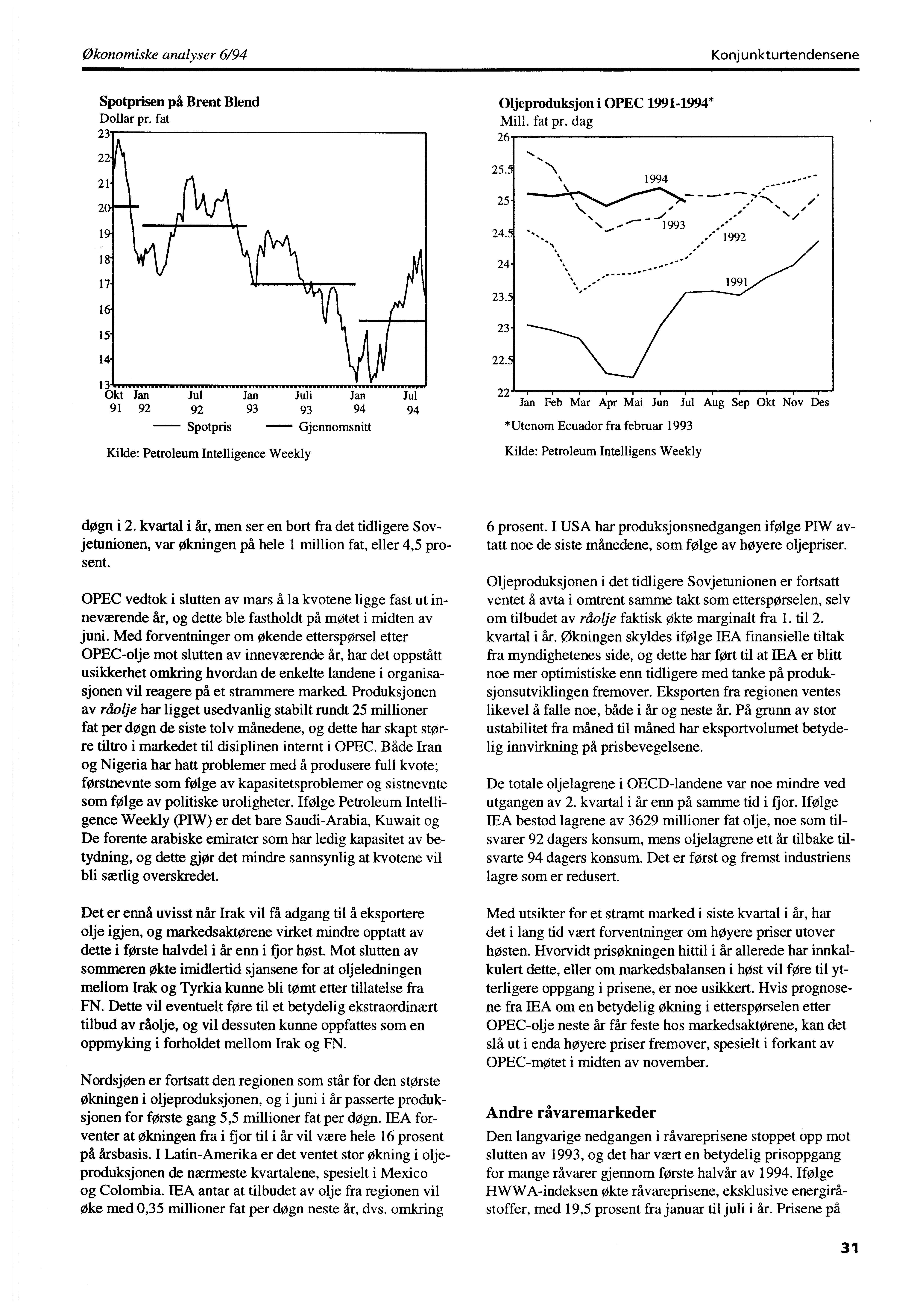 Økonomiske analyser 6/94 Konjunkturtendensene Spotprisen på Brent Blend Dollar pr. fat 23 22 21 20-19 18-17- 16-15- 14-13 --. Ir11.1111.