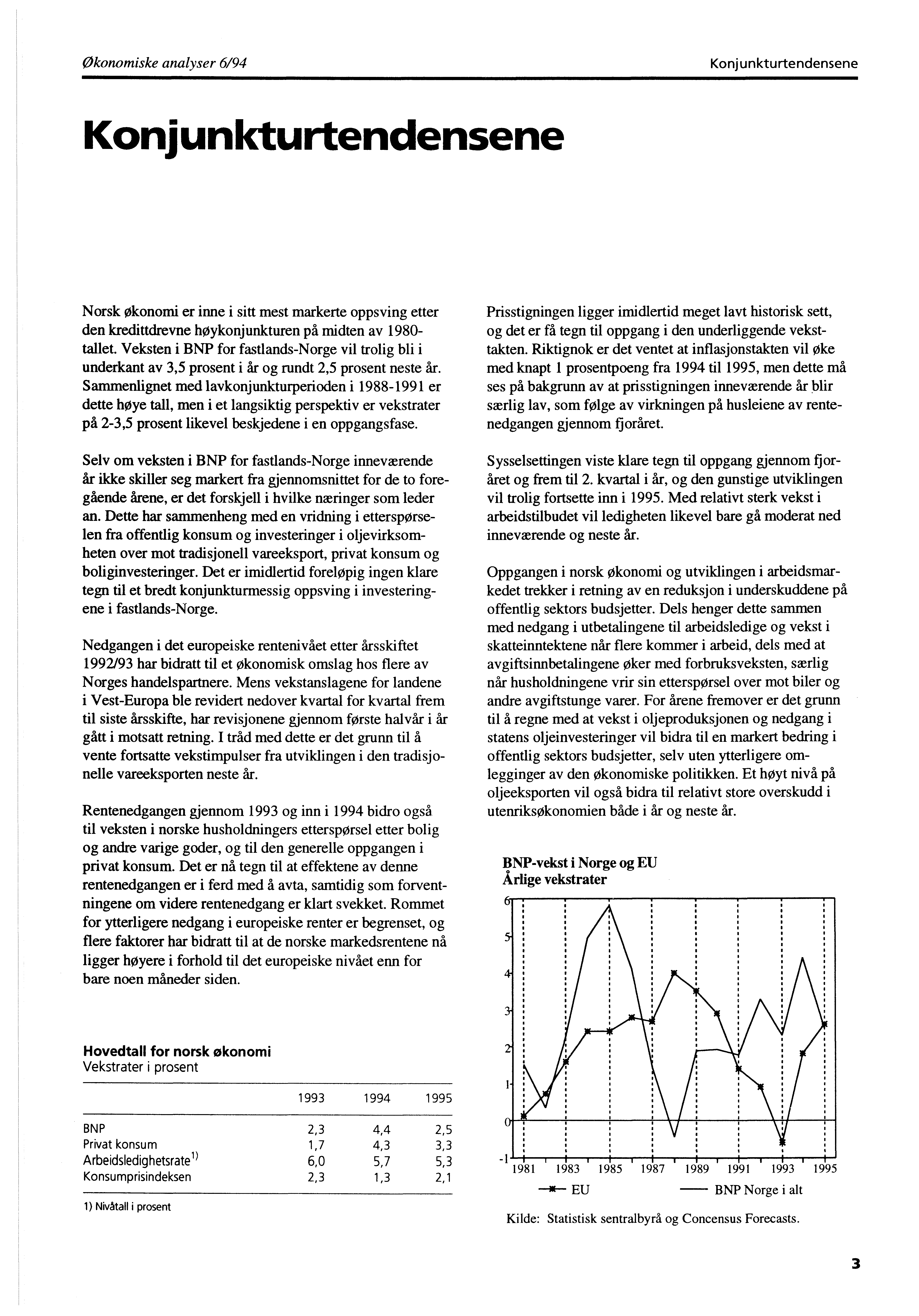 Økonomiske analyser 6/94 Konjunkturtendensene KonjunIcturtendensene Norsk økonomi er inne i sitt mest markerte oppsving etter den kredittdrevne høykonjunkturen på midten av 1980- tallet.