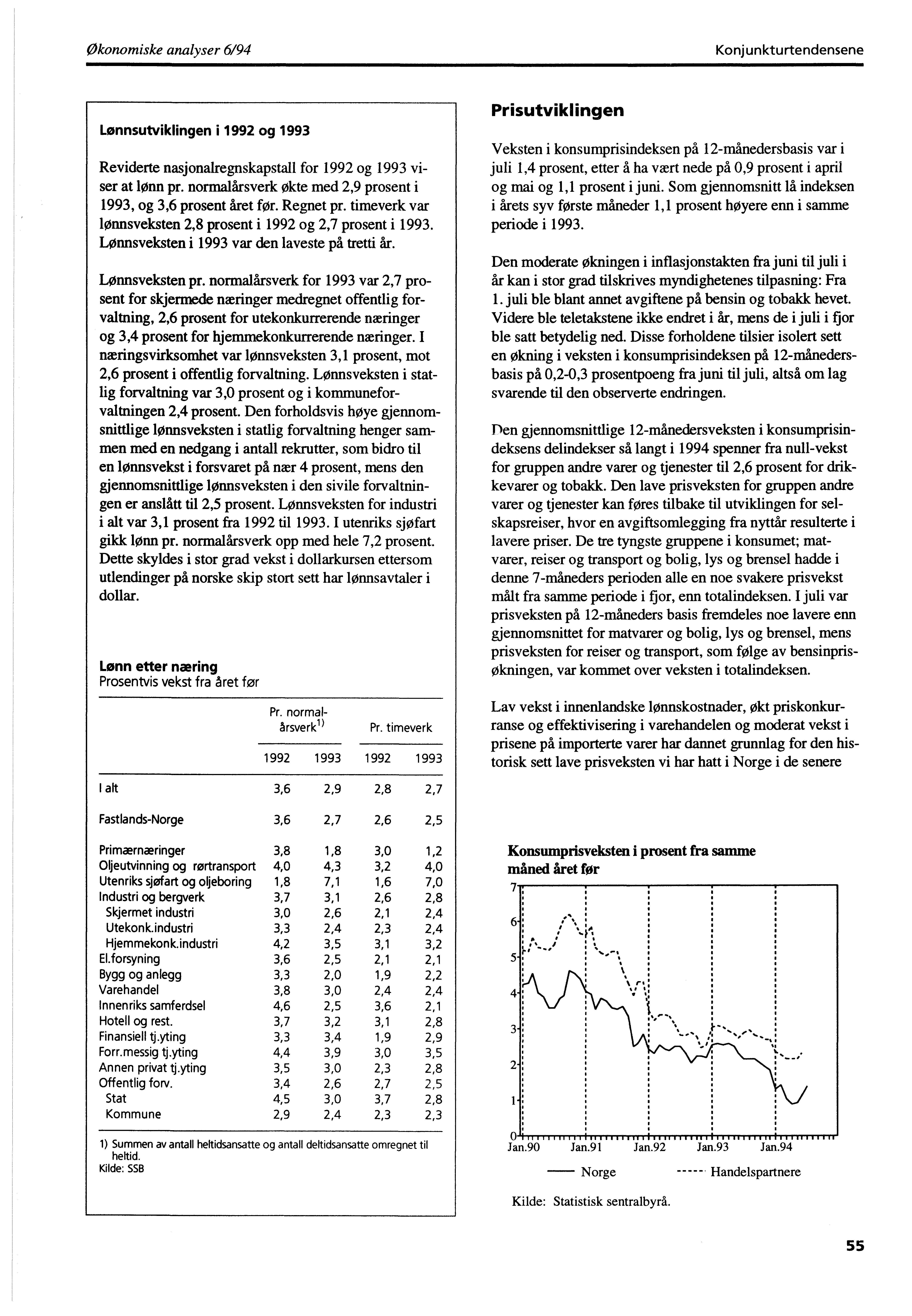 Økonomiske analyser 6/94 Konjunkturtendensene Lønnsutviklingen i 1992 og 1993 Reviderte nasjonalregnskapstall for 1992 og 1993 viser at lønn pr.