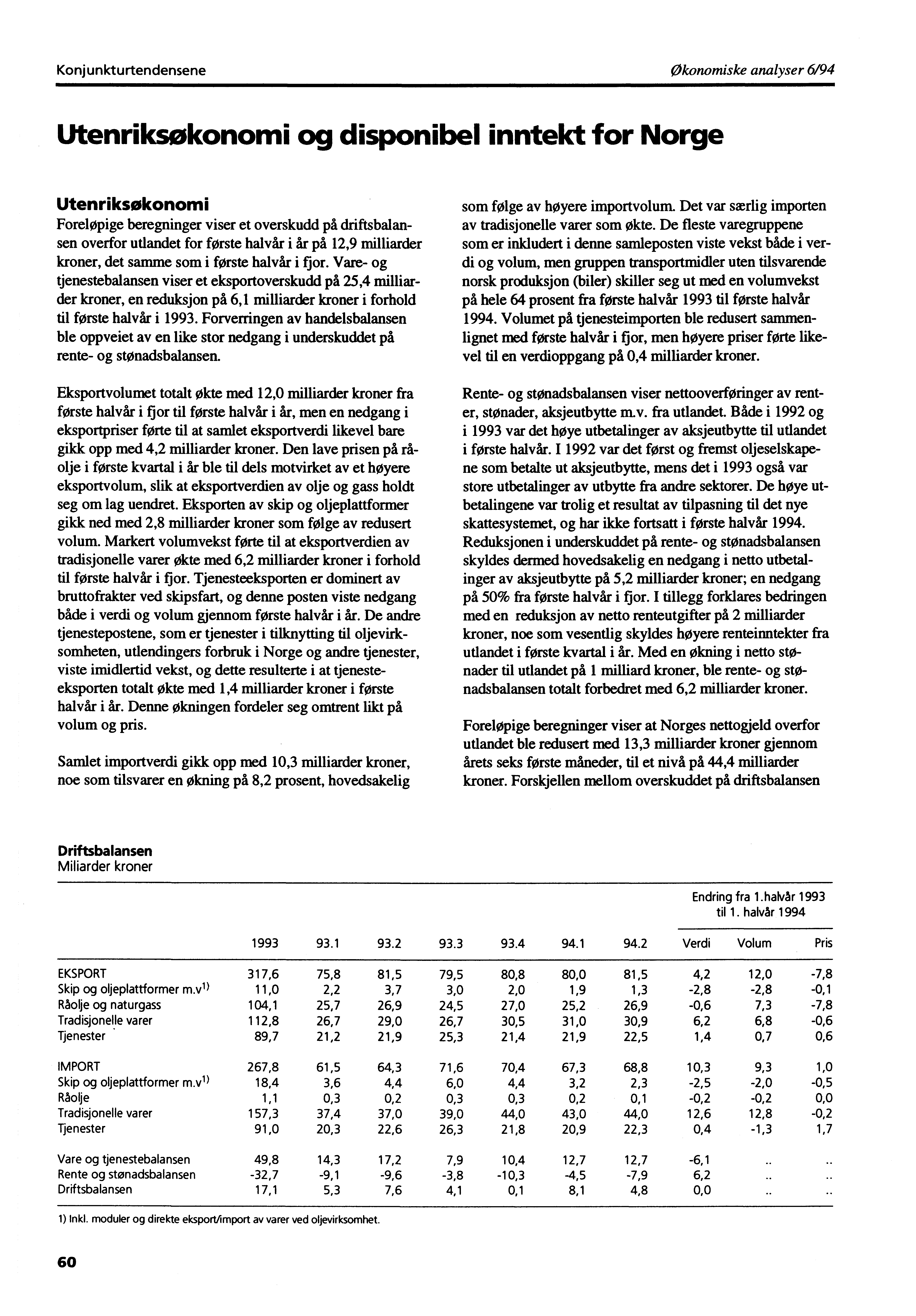 Konjunkturtendensene Økonomiske analyser 6/94 Utenriksøkonomi og disponibel inntekt for Norge Utenriksøkonomi Foreløpige beregninger viser et overskudd på driftsbalansen overfor utlandet for første