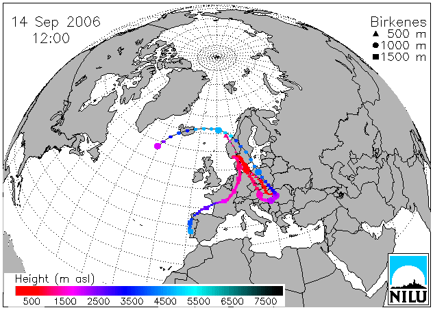 Figur 5.1: Figuren viser beregnede trajektorier med ankomst Birkenes den 28.12.06 klokken 12:00, da prøvetakingen av prøven for uke 46 pågikk. Trajektoriene er vist for syv dager.