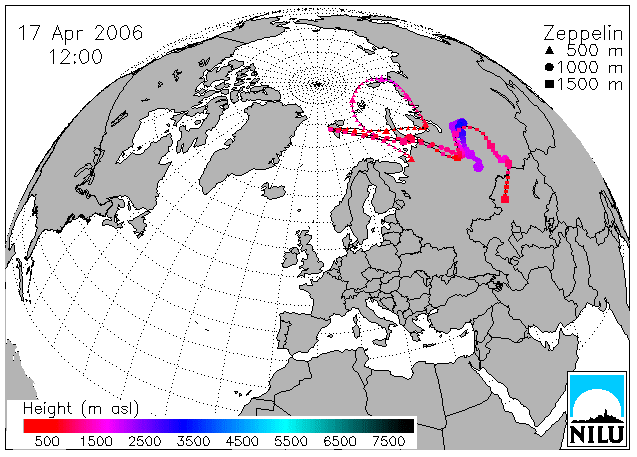 Figur 5.19: Figuren viser beregnede trajektorier med ankomst til Zeppelinstasjonen under prøvetaking av prøven for uke 16, med høyeste verdi for HCB for 2006.