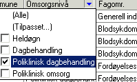 Trekk opp kolonne Kontakttype i det grå feltet. (For kirurgiske avdelinger) Finner alle pasienter som har registrert omsorgsnivå poliklinisk dagbehandling og ikke kontakttype dagkirurgi. 8.