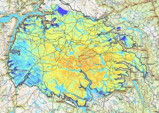 Figur 6: Habitatmodell for vinterbeite på Hardangervidda der oransjerød farge angir høyeste potensielle viktighet, mens blå farge angir lavest potensielle viktighet).