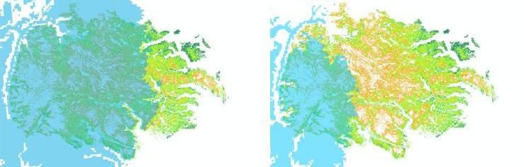 Figur 7: Eksempler på variasjon i snømengde (blå skravur viser snømengder over 2 m) og tilgjengelig beite vinterstid. Vinteren 2000 var snørik og med relativt lite beite tilgjengelig (venstre).