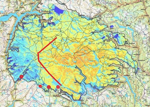 Figur 12: De fire røde prikkene angir eksempler på mulige startpunkt.