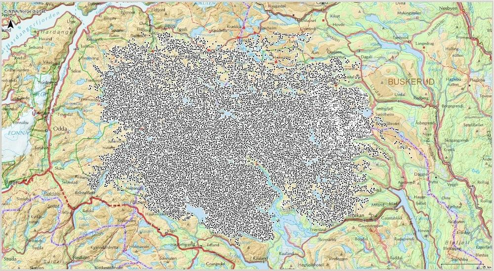 Figur 3: GPS-posisjoner fra 50 GPS-merkede simler (ca. 10 per sesong) på Hardangervidda 2001-2010. Posisjoner sendt hver 3. time.