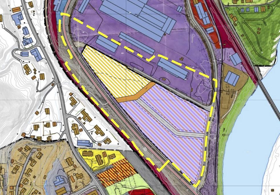 Bilde 2: Eksisterende reguleringsplaner med ny plangrense merket med gul stiplet linje.