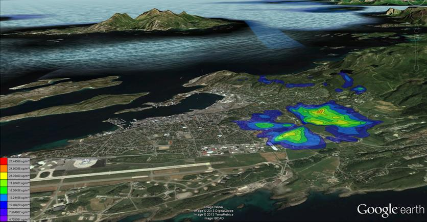 Forutsetning: Noe NO oksideres til NO 2 ved hjelp av O 3 (fast O 3 -verdi 80 ug/m 3 ) Figur 4 Timemiddelkonsentrasjonsbidrag av NO 2 (µg/m 3 ). Meteorologidata 2011.