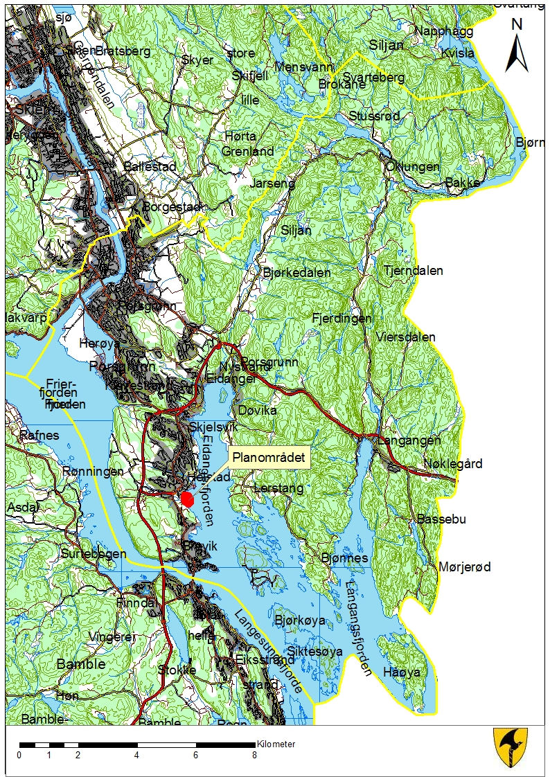 Planområdet ligger mellom jernbanelinja Eidanger-Brevik og Brønnløkkavegen og Strandjordvegen på