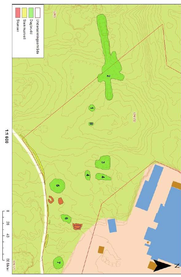 Side 4 av 9 Brudd nr Beskrivelse (forkortet) fra rapport etter arkeologisk registrering 1 Dagbrudd på ca 3,5 meter dybde. Trolig prospekteringsbrudd. Intakt på nye flyfoto.