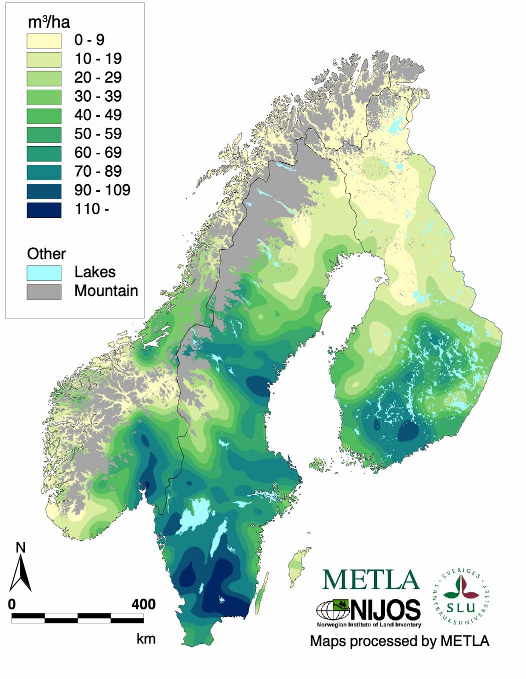 Gran, geografisk fordeling av volum Figuren viser volum av gran i Fennoskandia. Datagrunnlag: Landsskogstakseringen i Norge (1995-1999), Sverige og Finland Kontaktperson: Jogeir N.