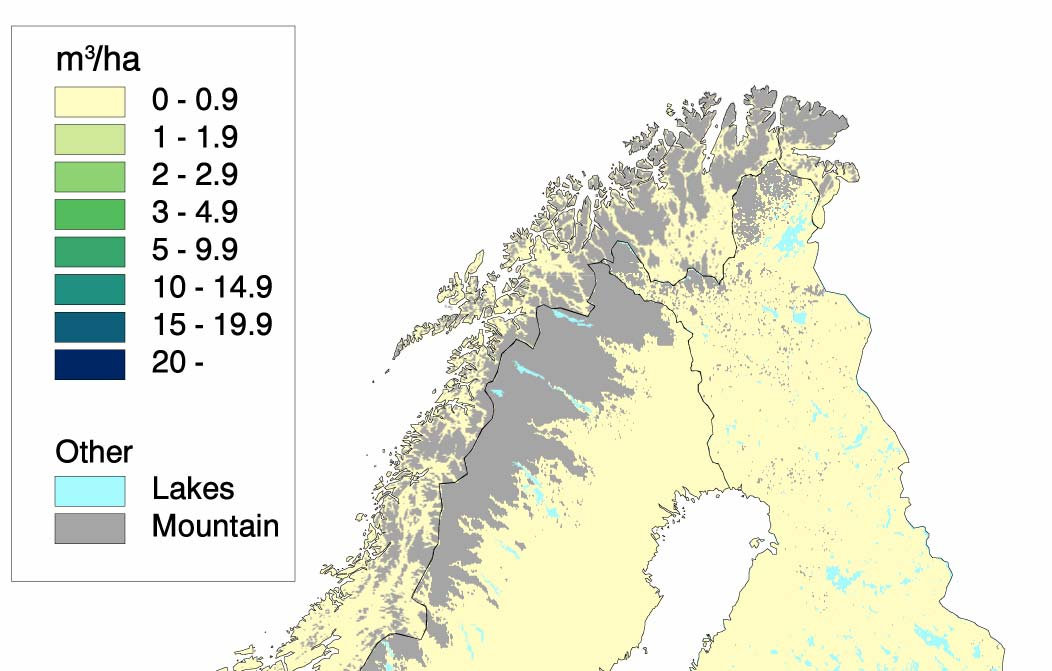 Edelløvskog, geografisk fordeling av volum Figuren viser volum av edelløvtrær i Fennoskandia.