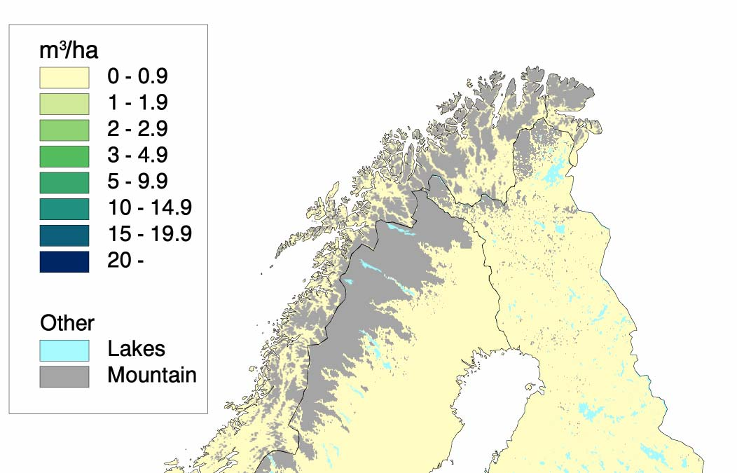 Eik, geografisk fordeling av volum Figuren viser volum av eik (Quercus spp.) i Fennoskandia.