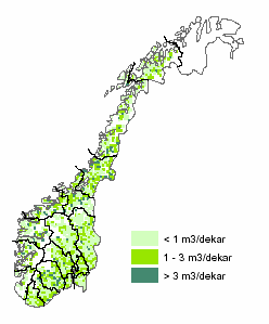 Volum av død ved, lokale gjennomsnitt < 10 m 3 /ha 10-30 m 3 /ha > 30 m 3 /ha < 10 m 3 /ha 10-30 m 3 /ha > 30 m 3 /ha Alle hogstkla