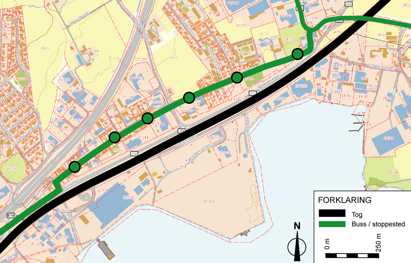 Figur 5: Tog- og busstrasé 2.5 Gang- og sykkeltrafikk Gang- og sykkeltrafikk gjennom området kan i dag følge Gilhusveien og Terminalen.