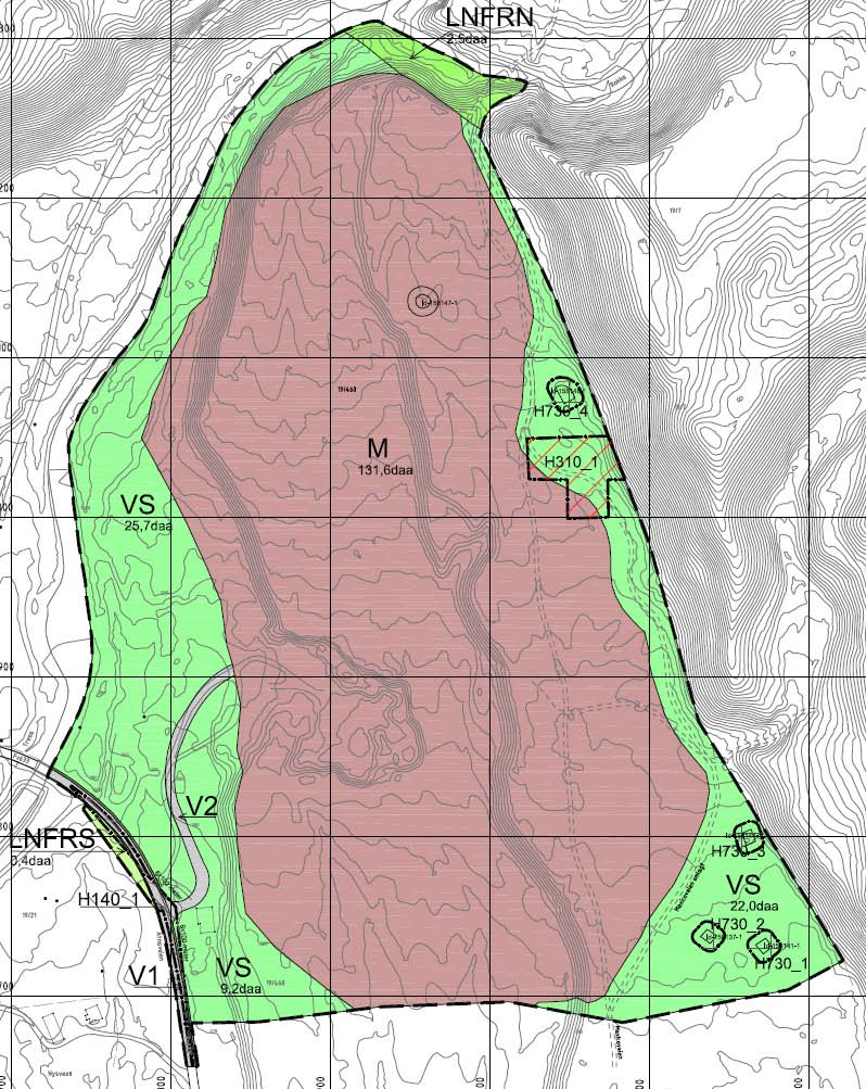 7 Virkningen av tiltaket 7.1 Regulering av grustaket Utsnitt av reguleringsplanen viser omfanget av uttaket. Reguleringen omfatter et totlat areal på ca 194 daa. Uttaksområdet er på 131,6 daa.