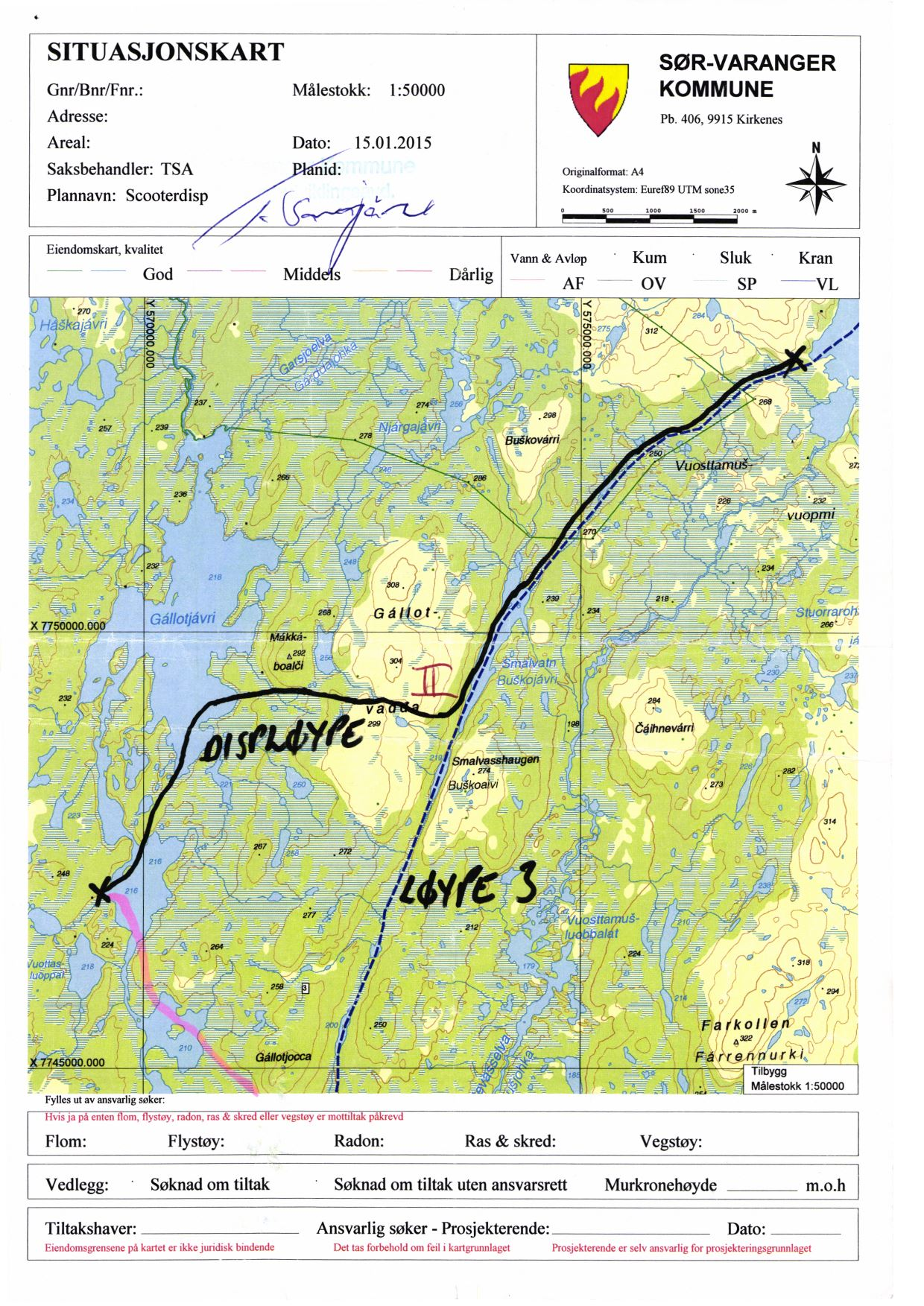 SITUASJONSKART Gnr/Bnr/Fnr.: Målestokk: 1:50000 Adresse: Areal: Dato: 15.01.2015 Saksbehandler: TSA nid: Plannavn: Scooterdisp Originalformat:A4 SØR-VARANGER KOMMUNE Pb.