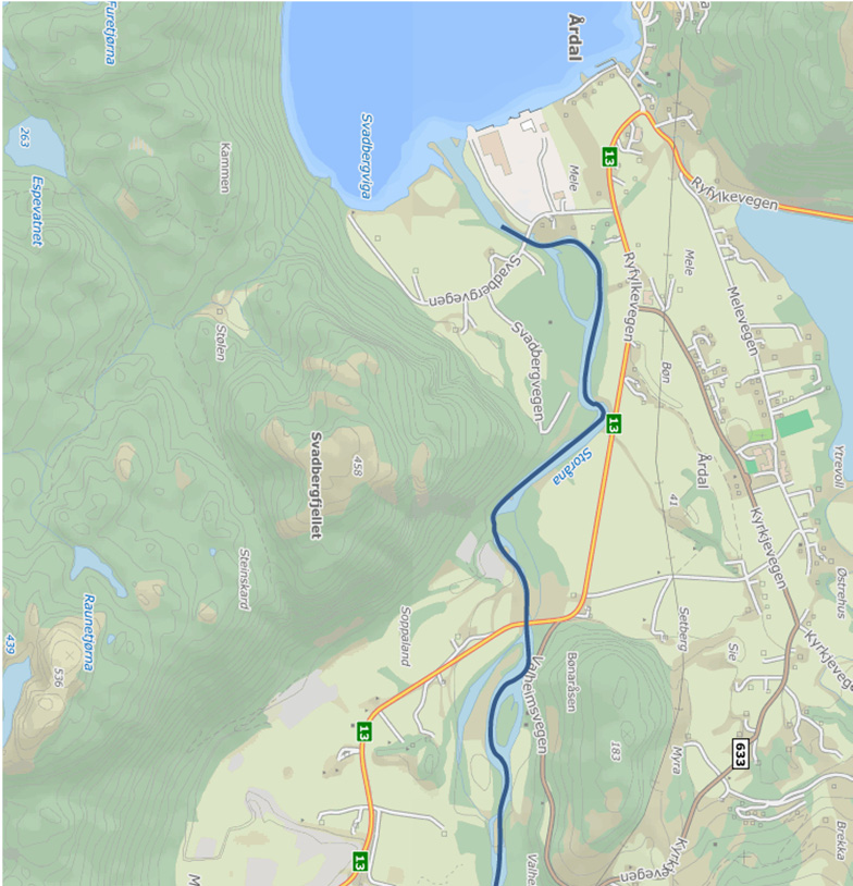 Figur 7: Strekninger i Årdalselven