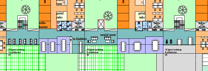 Eksempel sosial sone alternativ B. Sonen inneholder te-kjøkken, grupperom/ møterom, og mulighet for spredt drop-down arbeidsplasser/ sosiale sittegrupper.