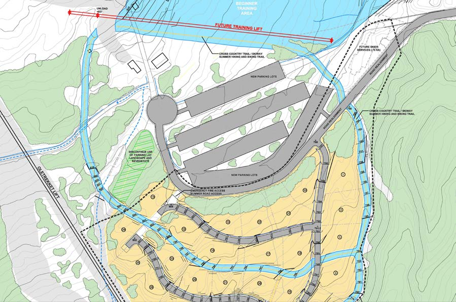 Skisse for skiløsningene i området utviklet av International Alpine Design (IAD). BST2 følger ryggen på østsiden av planområdet hvor man kan skli ned til starten av Ole-trekket.