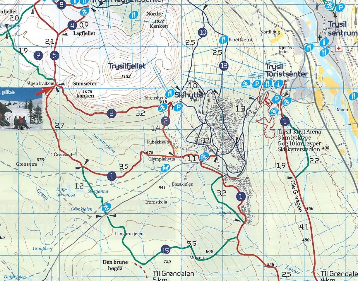 Planområdet tilknyttes eksisterende løypenett Utsnitt fra løypekart i Trysil. Planområdet er markert med rød ring, planlagte løyper med svart stiplet linje.