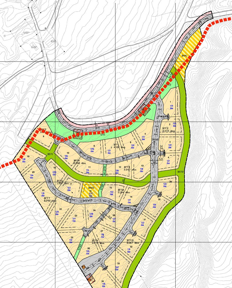 Plangrense for reguleringsplan for Skihytta er tegnet med rød stiplet linje. 3.