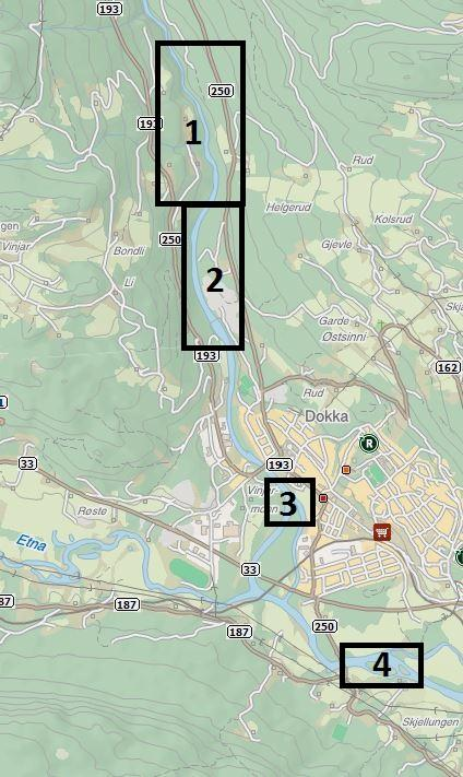 Figur 3 Strekninger i Dokka elv og Dokka-Etna undersøkt