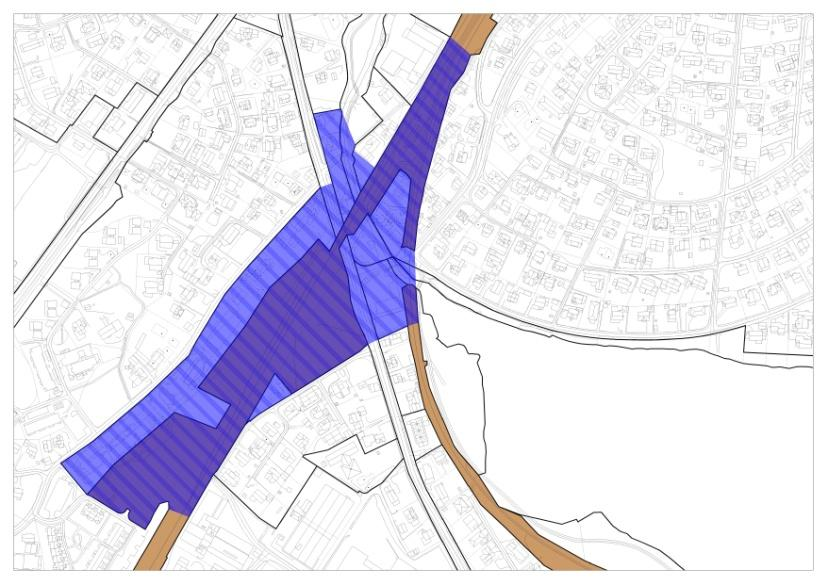 Ålgårdsbanen og Ganddal jernbaneområde Brunt område Jernbaneformål Ålgårdsbanen Blått område Gjennomføringssone over Ganddal