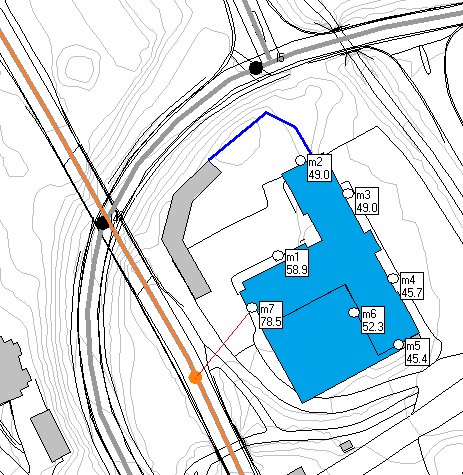 Kart 5. Trafikkstøy, ekvivalent lydnivå utenfor fasaden i 2. etasje (ekvivalent lydnivå.l A,ekv,24h ) Tilsvarende beregninger er foretatt for maksimalt lydnivå L A,max.