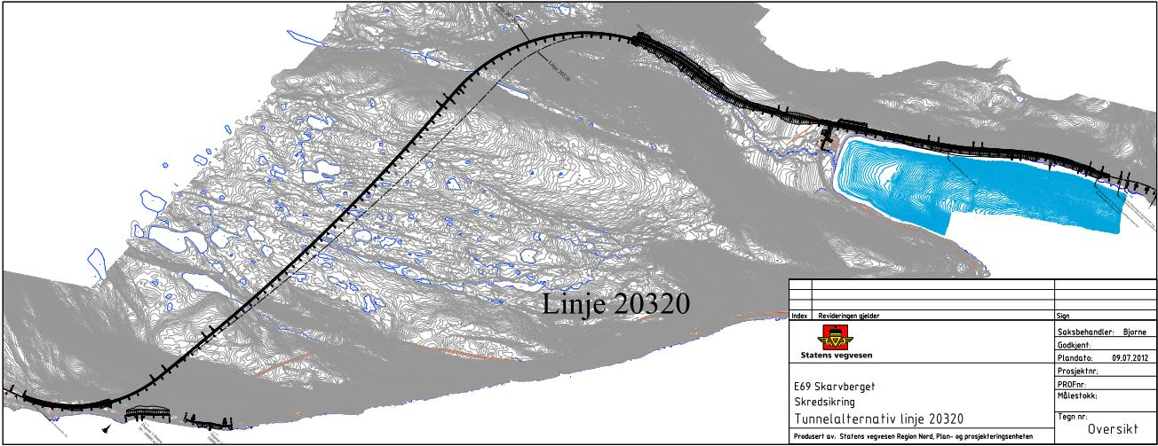 Figur 6: Planforslag september 2015 Figur 7: Utsnitt av veglinja i Skarvbergvika som viser vegen på fylling ned til fjorden. 4.