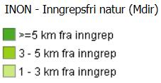 De hvite/grå områdene på kartet er også i hovedsak naturområder, men er inngrepsnære områder som er nærmere tyngre tekniske inngrep enn 1 km.