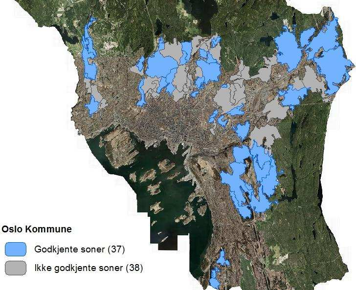 Figur 25. Kart over Oslo med de valgte sonene markert i blå og de forkastet soner markert i grå. På kartet (Figur 25) er det mulig å se at de ikke godkjente sonene er grupperte.