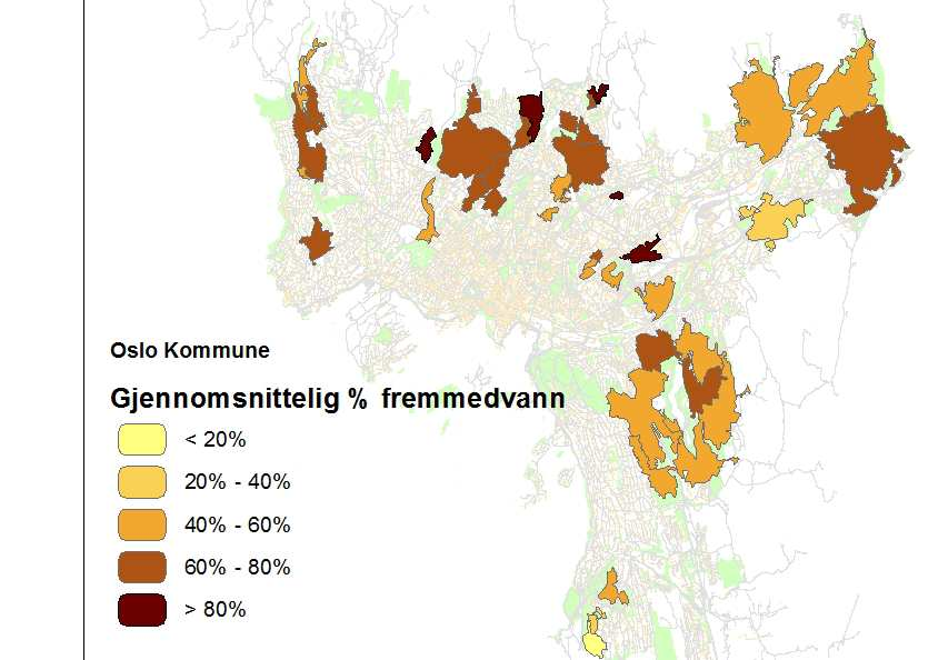 Figur 31. Fremmedvann i prosent av totalt vannføring i de studerte sonene. Figur 32. Spesifikk innlekking av fremmedvann i de studerte sonene. 3.3.2 HVORDAN UTTRYKKE FREMMEDVANNMENGDEN Mesteparten av de norske artikler om fremmedvann uttrykker fremmedvann som en prosent av total vannføring.