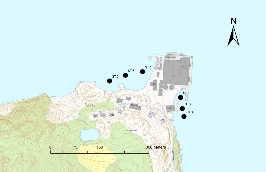 EWOS industriområde Furøya Miljøgeologiske undersøkelser av sjøbunnsediment multiconsult.no 3 Oppdragsbeskrivelse Figur 3: EWOS industriområde Furøya. Plassering prøvestasjoner (kartgrunnlag: ArcGIS).