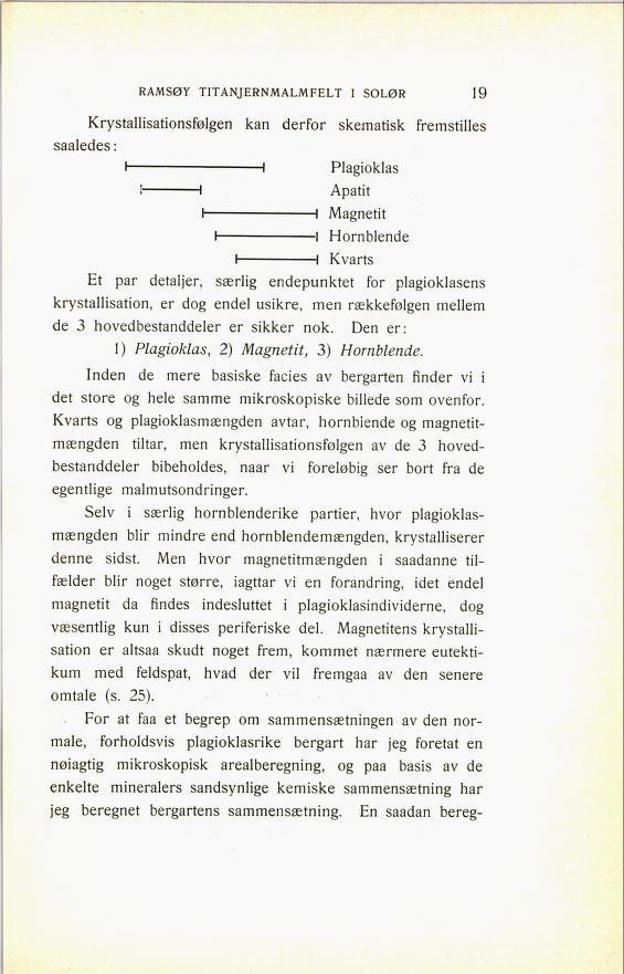 RAMSØY TITANJERNMALMFELT I SOLØR 87 Krystallisationsfølgen kan derfor skematisk fremstilles I H Plagioklas Apatit Magnetit Hornblende Kvarts Et par detaljer, særlig endepunktet for plagioklasens