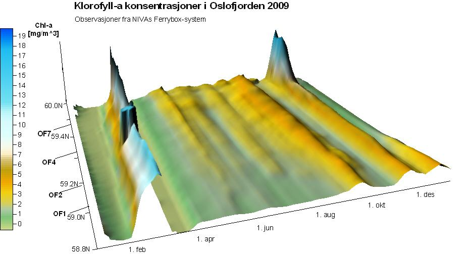 Kystovervåkingsprogrammet 29 Planktonsamfunn Figur 5.1. Klorofyll-a i Ytre Oslofjord fra Breidangen (OF7) til Torbjørnskjær (OF1) basert på Ferrybox klorofyll-a fluorescense data fra Color Fantasy.