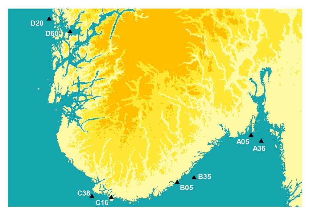 Kystovervåkingsprogrammet 29 Bløtbunnssamfunn Figur 7.1 Kart over bløtbunnsstasjonene i 29 (ved å legge til til stasjonskodene angis dypet på stasjonen, for eksempel er A5 og A36 hhv. 5m og 36m).