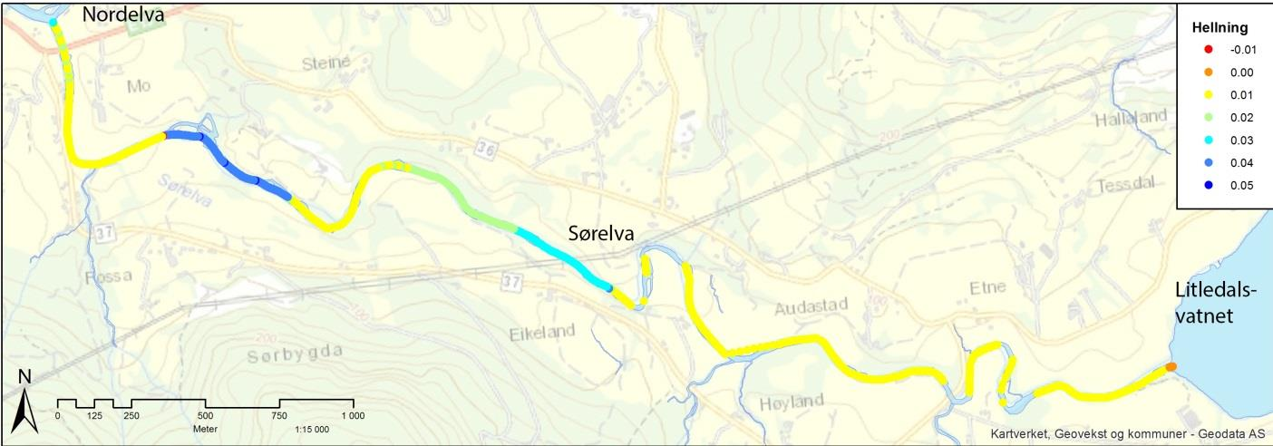 Som det framgår av Figur 8.18 var begroingsgraden basert på de samme transektene størst i øvre del av elva.