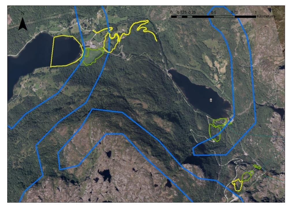 Verdikart biologisk mangfold for områdene som kan bli påvirket av Løkjelsvatn kraftverk. Felt markert i blått er registrerte trekkveier for vilt med liten verdi.