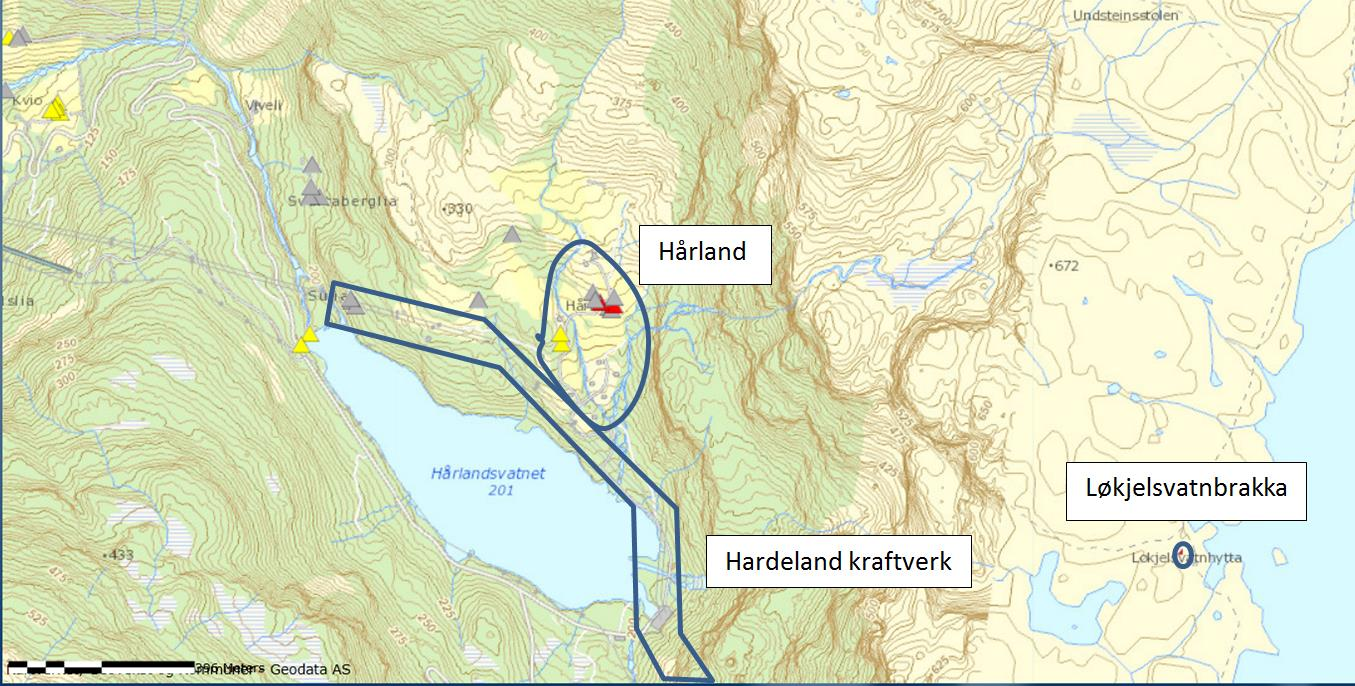 Figur 9-7 Kartet viser utbredelse av og lokalisering for de kulturhistoriske lokalitetene Hårland, Hardeland kraftverk og Løkjelsvatnbrakka. Kart hentet fra Askeladden.ra.no 9.2.