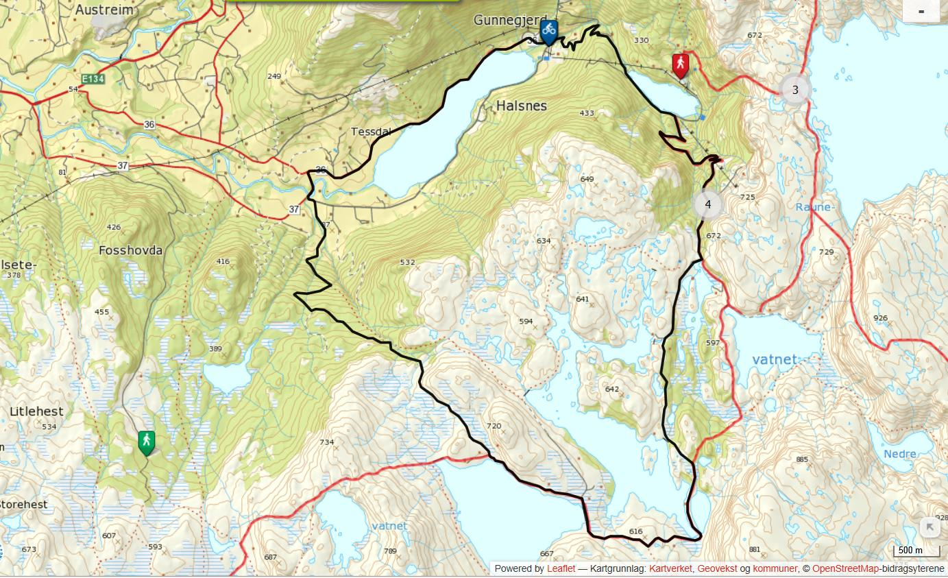 Figur 12-6. Sykkeltur og fotturer i Midtre Etnefjella. Kart: ut.no. 12.4.