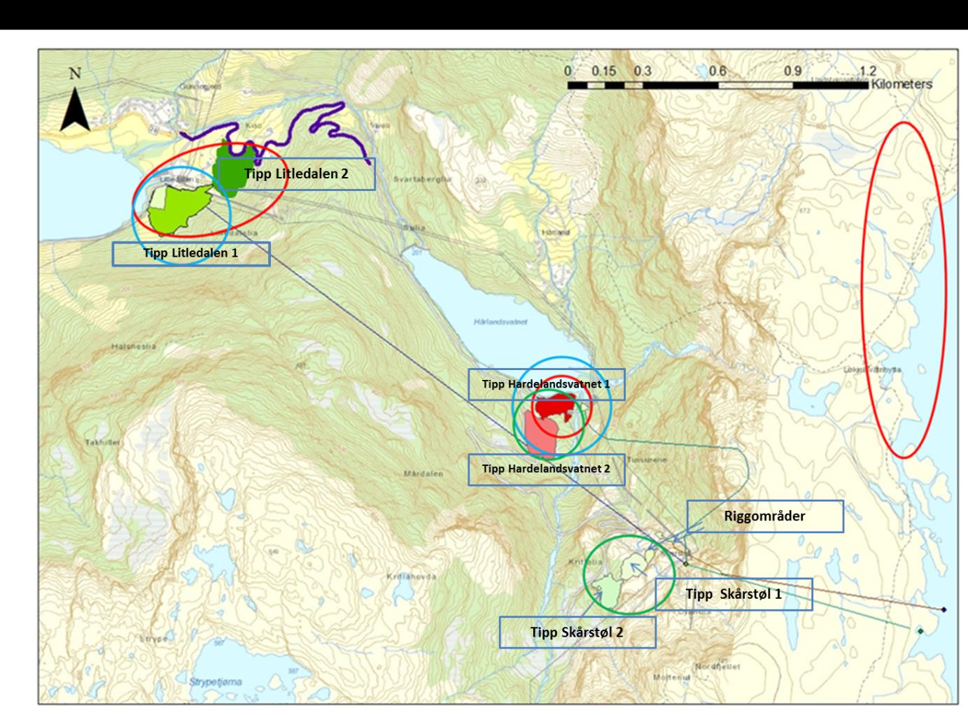 Figur 7-1 Oversikt over områder som er befart 6.juli 2013 av Toralf Tysse (markert med blå sirkel), 25. juni 2015 av Hanna Bjørgaas (markert med rød sirkel) og 27.05.