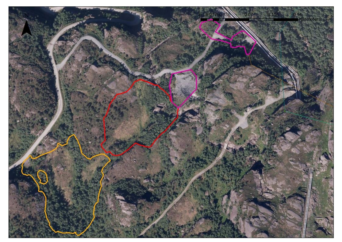 Figur 7-12 Tippområde nord (rødt) og alternativt tippområde sør (gul), samt riggområder (rosa) ved Skarstøl Tippområde nord Området består av åpne områder med knauser, fattigmyr og noe furu -