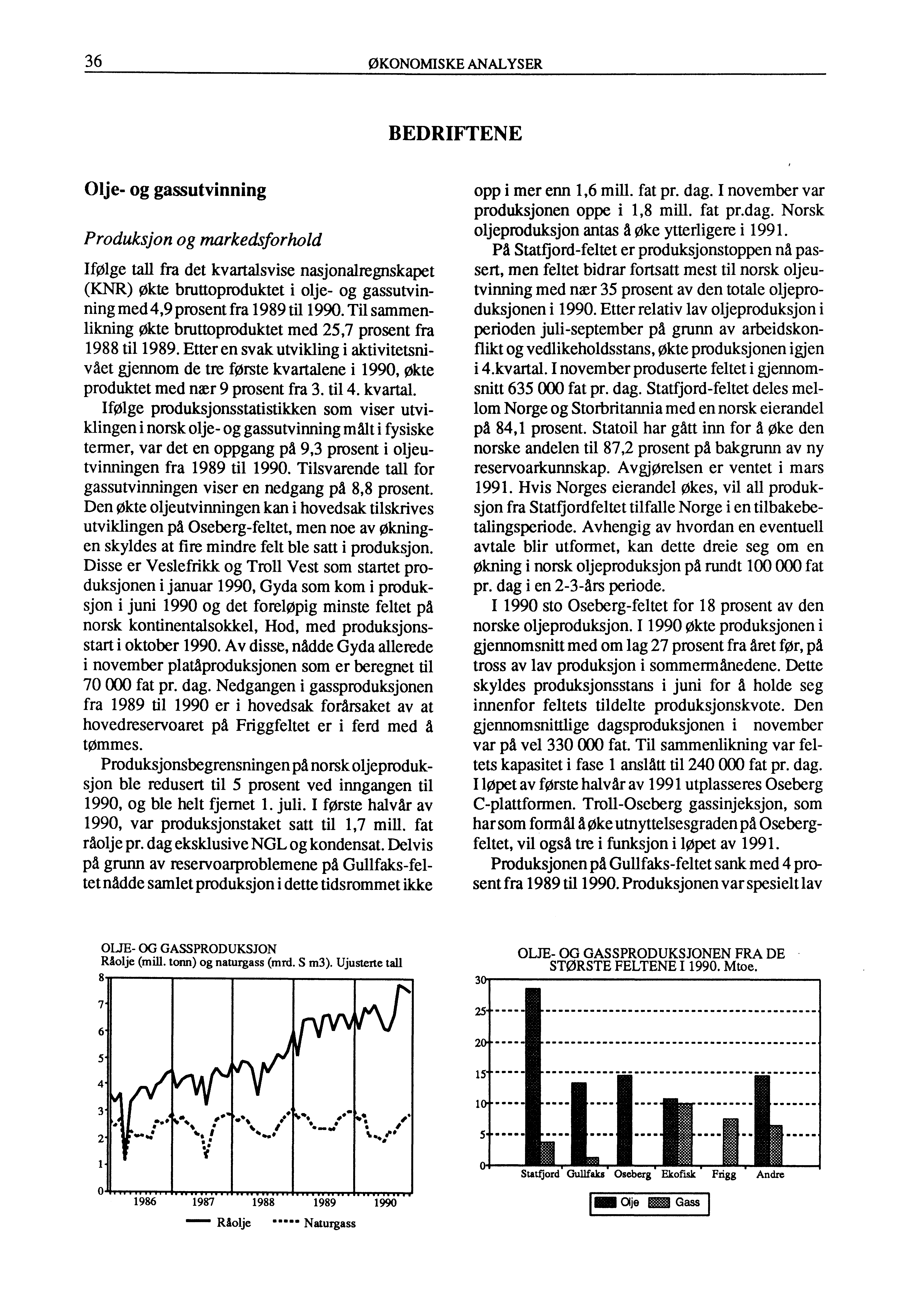 36 ØKONOMISKE ANALYSER BEDRIFTENE Olje- og gassutvinning Produksjon og markedsforhold Ifølge tall fra det kvartalsvise nasjonalregnskapet (KNR) økte bruttoproduktet i olje- og gassutvinfling med 4,9
