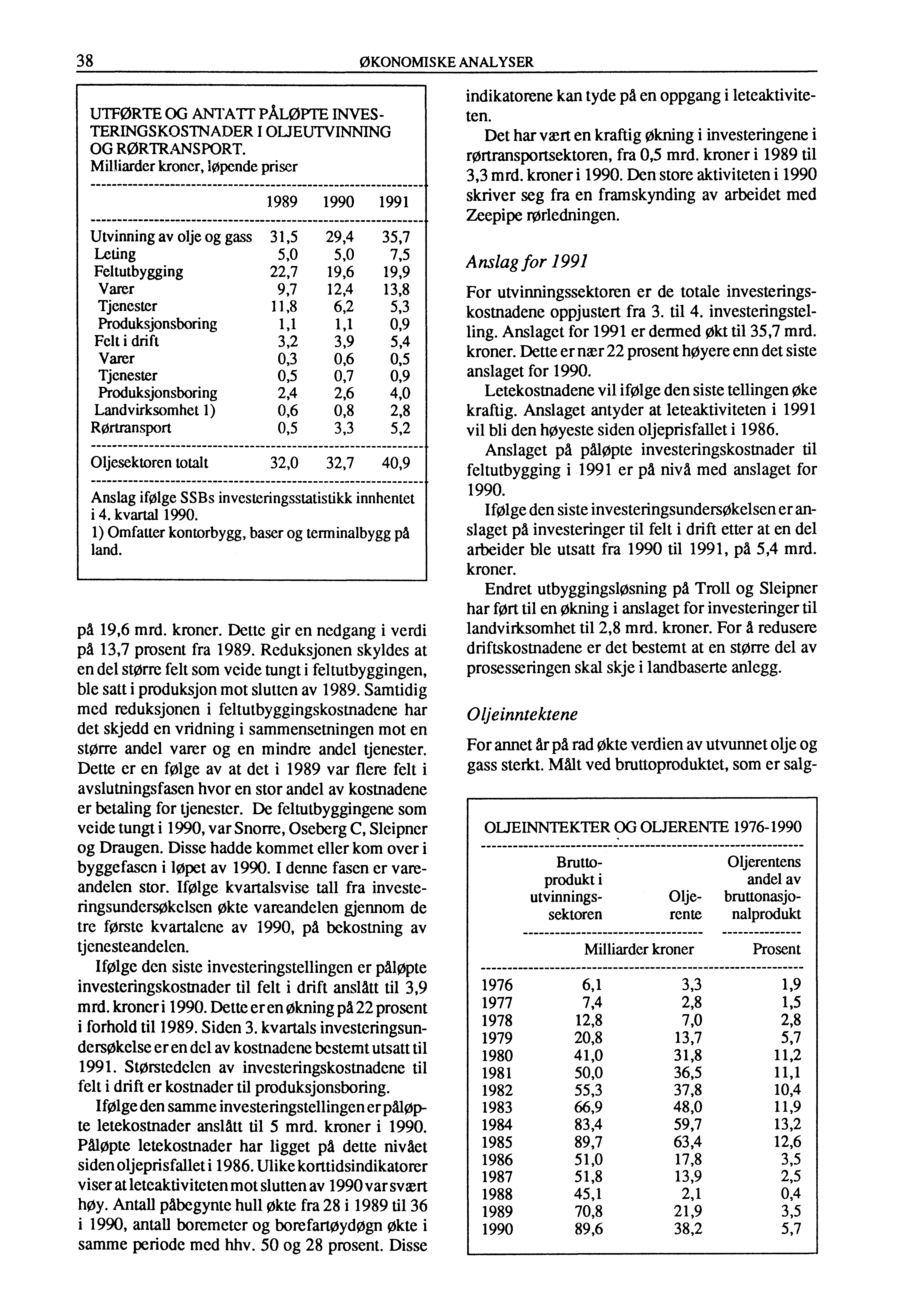 -te 38 ØKONOMISKE ANALYSER UTFORTE OG ANTATT PÅLØPTE INVES- TERINGSKOSTNADER I OLJEUTVINNING OG RORTRANSPORT.
