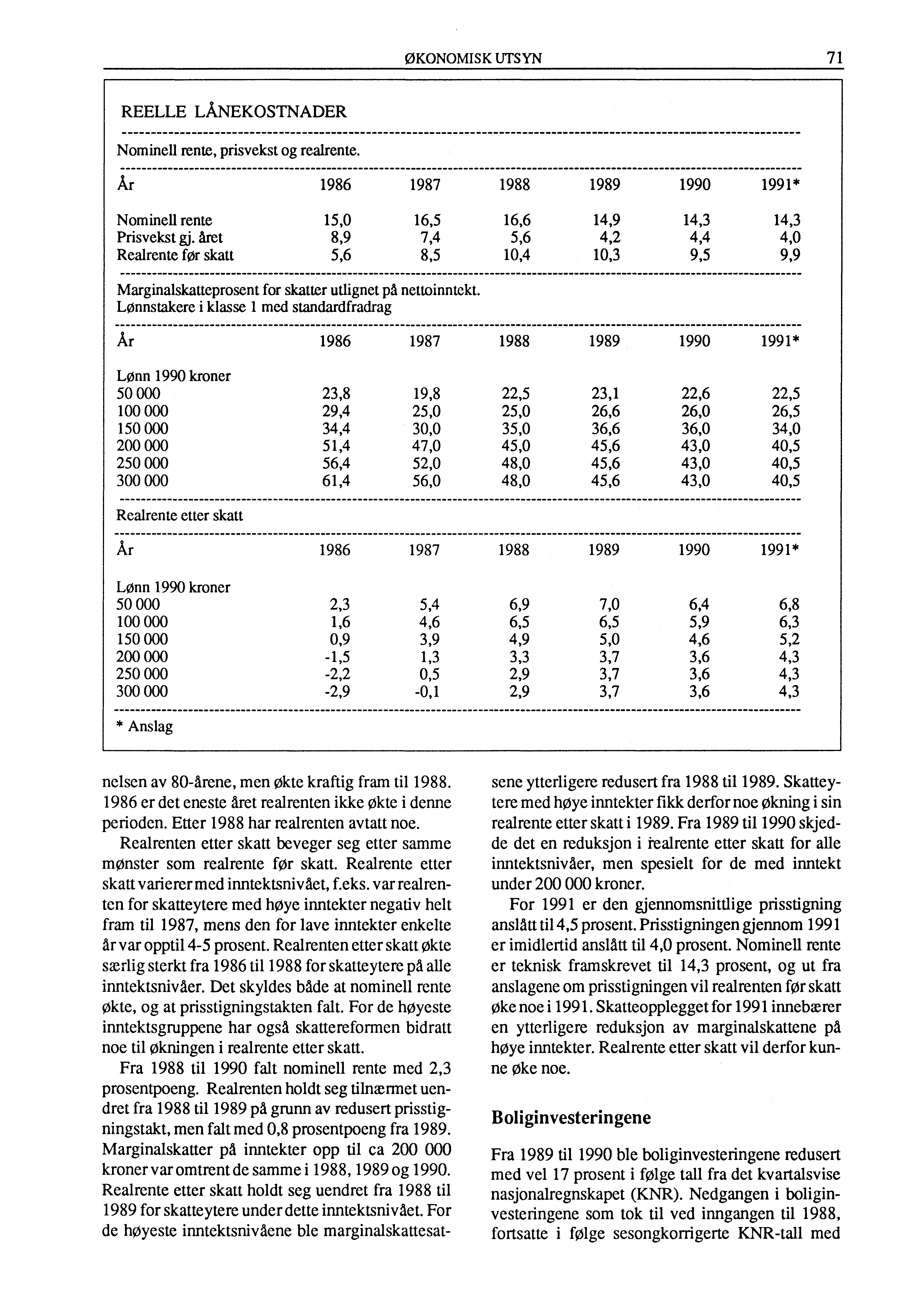 ØKONOMISK UTSYN 71 REELLE LÅNEKOSTNADER Nominell rente, prisvekst og realrente. År 1986 1987 1988 1989 1990 1991* Nominell rente Prisvekst gi.