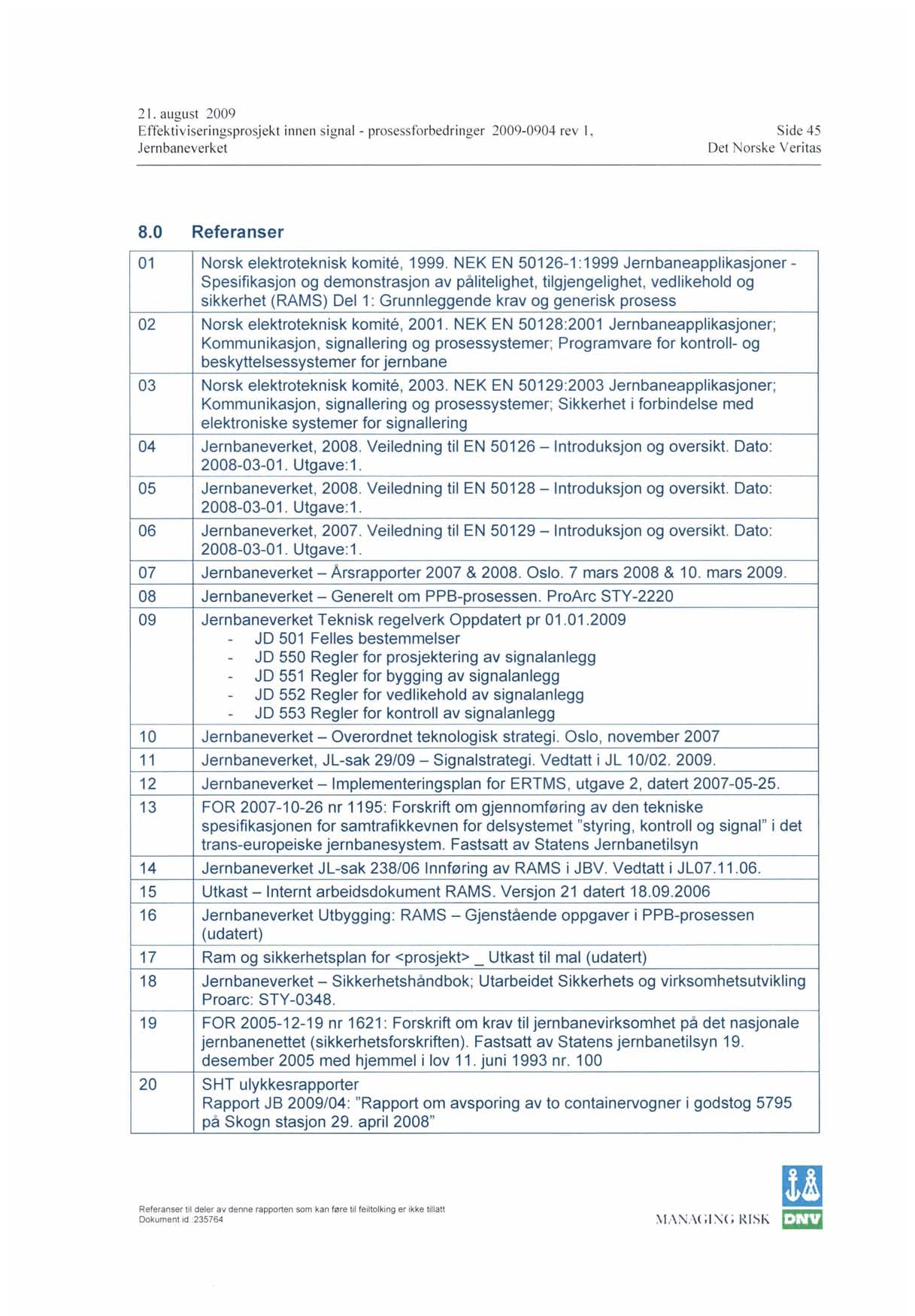 2 I. august 2009 Effektiviseringsprosjekt innen signal - prosessforbedringer 2009-0904 rev I, Side 45 8.0 Referanser 01 Norsk elektroteknisk komite, 1999.