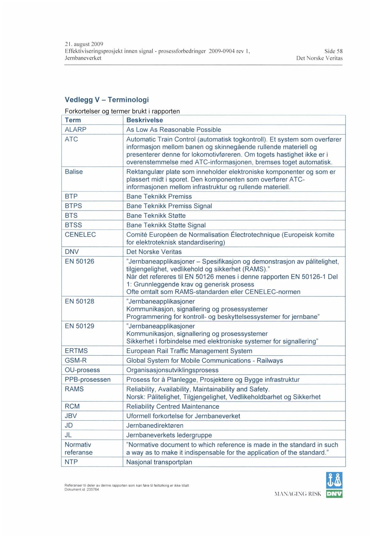 2 I. august 2009 Effektiviseringsprosjekt innen signal - prosessforbedringer 2009-0904 rev I, Jern baneverket Side 58 Vedlegg V - Terminologi F or k o rt e I ser og t ermer b ru kt I ' rappo rt en